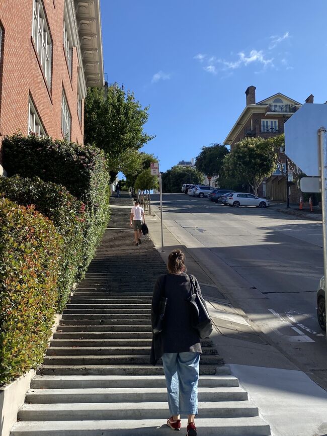 サンフランシスコ市内にお出かけした日<br /><br />SFMOMAからバス45番でFillmore streetやらへ行こうと、乗ってみた。<br /><br />大量のカントニーズを話す人たちが降りるチャイナタウンを通り越して、リトルイタリーに。<br />今までのごちゃごちゃした風景を通り越すと視界がひらけ、ワシントン公園と教会が目に入る。<br />バスのアナウンスで、Coit Towerと言ったのを聞いて、反射的に降りた。<br /><br />電池が切れそうになるスマホを握りしめ、ざっくり右手に見えるのがCoit Towerに違いないと目星をつけて歩き出す。<br /><br />噂にきいていたけどかなりの階段。。。<br /><br />最後にキツい買い出し登ったのはいつだっけ?あの山寺の半分くらいはありそう。<br /><br />頂上まで登って風景を満喫して満足した後、また45番のバス停に戻り(反対方向に降りてもよかったが、また別の路線をググると電池なくなりそうで)、Fillmore Streetまで。<br /><br />バスを降りて目的のFillmore stへは、南に下る、、と地図で見た覚えていたのとは予想を裏切り、’下る’ではなく、ひたすら’登る’サンフランシスコの坂道だった。<br /><br />そういえば前回来た時もこのあたりを通ってとんでもな坂道だ、、と思った記憶が今更よみがえる。<br /><br />