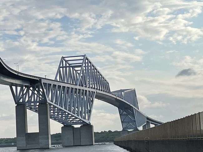 東京ゲートブリッジ、もう何年も前、飛行機からこの橋を見て形の美しさに惹かれ以来近くを通るとずっと気になっていました。<br /><br />江戸川区に引っ越した娘の所に行くのに首都高湾岸線を使っていましたが、ある時私が運転するから・・と夫に道案内してもらいつつ行ってみました。以来私が運転するときはゲートブリッジを通ります。やっぱりライトアップされている時間に少し離れてみるのが一番魅力的ではありますが、走ってみても素敵な橋です。おまけに比較的すいているし、お金もかからないし・・<br />今回は孫も一緒だし暑いとはいえ曇り空で我慢できなくはなさそうなので思い切って歩いて渡ってみました。<br />専用のエレベーターで昇って橋に出ます。対岸の昇降施設が閉鎖中の為通り抜けできないとのことで、途中で折り返してきましたが念願がかないました。<br /><br />