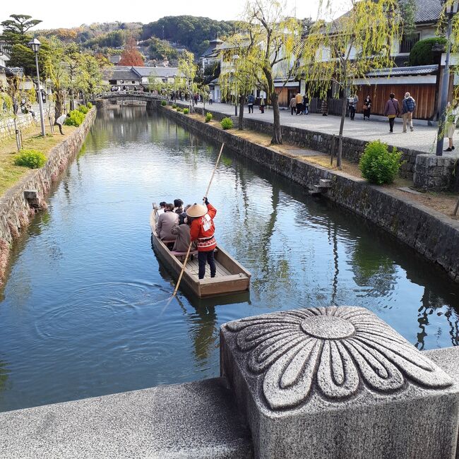 岡山県は初エントリーである。<br />ＪＲで行く岡山２泊３日　12/11～13　<br />「JRで行く■晴れのち岡山旅」<br />　東京発新幹線指定ーホテル指定ー岡山、倉敷２デイパス付の旅行です。<br /><br />この旅行の10日前に登山で足首靭帯損傷（捻挫）したからギブス足でストックを突きながらの観光になった。<br />１１日は大原美術館へ行くのが最優先である。<br />　　　初日から「晴れの国」　岡山の歓迎である。<br /><br />12日　路面電車に乗って岡山城見学　<br /><br />13日　10時半チェックアウト後ランチしてのぞみで夕飯おかめ弁当食べながら　帰宅　