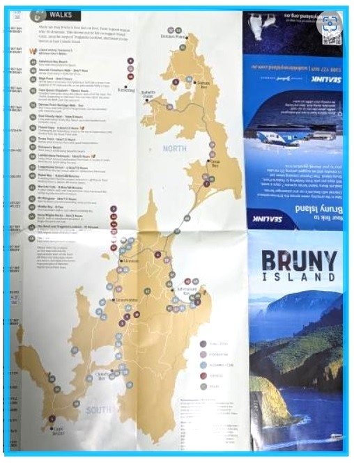 タスマニアのホバートから、日帰りツアーを利用しました。<br />Bruny Island Traveller <br />「ブルーニー島1日ツアー 大自然を感じる絶景スポット&タスマニア産グルメ旅!チーズ・牡蠣・ワインなど贅沢6コースを堪能<昼食付/試飲・試食付/英語ガイド>」 by Pennicott Wilderness Journeys<br />大好きなベルトラに入金です。<br /><br />ペニコットウィルダネスジャーニーは大きな観光会社で船のツアーを沢山催行。ブルーの島でのランチのレストランは同系列。<br />https://www.pennicottjourneys.com.au/<br /><br />タスマニアは南極に近いグルメの島だけど、ブルーニー島は更にグルメが詰まってて、ツアーはたっぷりの試食が多く、割安(AUD 210.00)なので、<br />オーストラリア人客が大喜び。<br />10時間ですが、乳幼児連れで楽しめました。日本人客は私たちだけ。<br />アジア人は他に海外在住の韓国人が2人だけ。<br /><br />大きなバスに客満載で人気があるんだわ。日本のバスツアーと違って、バス内で客は飲食しないの。禁止されてはいませんけど、オーストラリアスタンダードなのかしら・・<br /><br />観光は景色を見るだけなので、英語ツアーで大丈夫です。タスマニア島で監獄を見に行って歴史を聞きたいなら日本語ツアーがよいかと思いますが、こちらは大丈夫。<br /><br />画像はブルーニー島のパンフレットです。