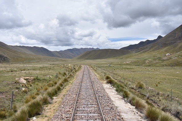 2018年1月25日から2月7日までペルーとボリビアに行ってきました。<br />旅行期間はなんと2週間。奇跡的に休みを取ることができました。<br />南米は治安や交通手段に問題がありますから、今回はユーラシア旅行社のツアー「ペルー・ボリビア、アンデス物語 14日間」に1人参加です。<br />ペルーでは首都リマ、ナスカの地上絵、クスコ、マチュピチュ遺跡を観光。<br />その後クスコからペルー南部鉄道に乗車し、ララヤ峠越えてチチカカ湖へ。<br />その後国境を越えてボリビアに入り、ティナワク遺跡、ウユニ塩湖、首都ラパスを観光。<br />唯一無二の景色を存分に堪能する、素晴らしい旅でした。<br /><br />■　日程<br />2018年1月25日～2018年2月7日<br /><br />1/25　成田空港発<br />1/26　リマ着。リマ観光<br />1/27　ナスカの地上絵観光<br />1/28　クスコ観光。ペルーレイルでマチュピチュへ<br />1/29　マチュピチュ遺跡観光<br />1/30　マチュピチュのインカ古道を歩きインティプンク遺跡へ。夕方クスコへ<br />1/31　ペルー南部鉄道でクスコからララヤ峠を超えプーノへ<br />2/1　チチカカ湖のウロス島を観光後、バスで国境を越えてボリビアへ。ティナワク遺跡を見学後ラパスへ<br />2/2　ラパスからウユニ塩湖へ<br />2/3　ウユニ塩湖観光<br />2/4　ウユニからラパスに移動し、ラパス観光<br />2/5　ラパスからリマを経由してメキシコシティへ<br />2/6　メキシコシティ乗り継ぎで成田へ<br />2/7　早朝成田空港到着<br /><br /><br />※ブログ『マリンブルーの風』に掲載した旅行記を再編集して掲載しています。<br />ブログには最新の旅行記も掲載していますので、ぜひご覧下さい。<br /><br />2018年　ペルー・ボリビア旅行記目次<br />https://buschiba.livedoor.blog/archives/52555228.html<br /><br />ブログ「マリンブルーの風」<br />https://buschiba.livedoor.blog/<br /><br />ペルー・ボリビア旅行記の第21回です。<br />7日目は観光列車チチカカ・トレインに乗って鉄道の旅。クスコからプーノまでの383.7キロを10時間かけて移動します。<br />列車はさらなる高地へ。標高は4000メートルを越え、景色が変わりだしました。