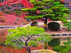 広島14　縮景園b　濯纓池‐広々と〈跨虹橋〉東西に分け　☆大小14-島嶼を配置