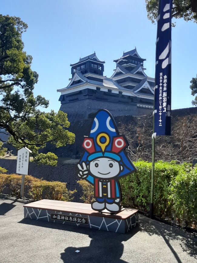 熊本城に行きたいと、計画しました。 ANAの「ダイナミックパッケージ」で、飛行機にホテルのついたプランで申し込みました。<br /><br /> 全国旅行支援も、使えました。 熊本地震から7年。 熊本空港のターミナルも被害を受けて、建て替え工事中。 プレハブの仮ターミナルでした。 この旅行の数日後には、新ターミナルが完成しました。<br /><br />熊本城は、天守閣は復旧しましたが、他の文化財や周囲はまだまだです。 崩れた石垣、一つ一つに番号を振って、復旧するという、気の遠くなるような作業。 頭が下がります。 完全復旧には、あと30年程かかるらしいです。<br /> 石垣を中心に、外観の見学を主にしました。 よろしかったらご覧ください。
