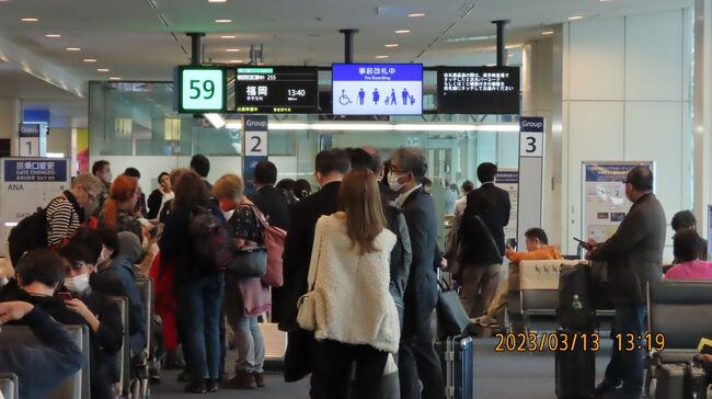 3月13日、午前10時過ぎに自宅を出発し、羽田空港へ向かいました。今回の福岡の旅の目的は入院している母のお見舞いです。　羽田空港第２ターミナルビルに午後0時半過ぎに到着し、午後1時40分発ANA255便に搭乗しました。<br /><br /><br /><br /><br />*写真は59番搭乗口