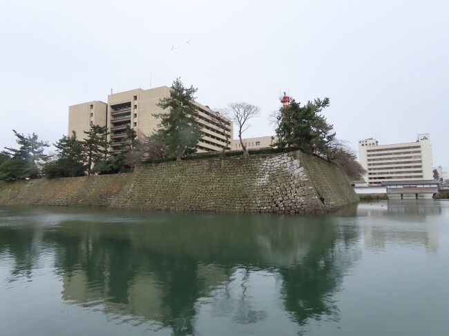 2022年1月7日(金)12時半前、福井神社からお隣の福井城址へ向かう。<br /><br />福井城は、徳川家康の次男で、初代福井藩主の結城(1604年には松平姓に復したが養子時代の結城性で呼ばれることが多い)秀康が1606年に築城し、約270年間17代にわたり越前松平家の繁栄の舞台となった名城。築城当時は高さ37mで四層五重の雄大な天守閣と三重の堀をもっていたと云われるが、天守は1669年の大火で焼失。現在では本丸の石垣と堀の一部だけが残されている。二の丸、三の丸はほぼ消滅して市街地化している<br /><br />結城秀康の築城以前に、1575年に柴田勝家が安土城に匹敵する巨城とも云われる北ノ庄城を築いたが、1583年に秀吉に攻められ、妻・市と共に自害し、火が放たれた城はほぼ全てが焼失した。ただし、この城の本丸はこの位置でなく、約500m南の現在柴田公園がある辺りにあったとされる。<br /><br />北ノ庄は福井の旧名。足羽(あすわ)川右岸一帯は伊勢神宮の神領である足羽御厨(みくりや)だったが、その北部であったことからこう呼ばれるようになった。結城秀康の築城時も北ノ荘藩だったが、1624年に第3代藩主松平忠昌によって、「北」の字が「敗北」に繋がり不吉であるとして「福居」に改名され、さらに後に「福井」と改名されたため、福井城となった。改名の経緯に関しては諸説あるが、一説では天守台下にあった「福の井」と呼ばれる井戸に因んだと云われる。<br /><br />明治維新後の1873年(明治4年)に陸軍省の管轄となったが、旧藩士たちが1879年(明治12年)に同地を借り受け、開墾を進めた。1890年(明治23年)に藩主だった越前松平家が買い戻し、1893年(明治26年)には旧城内に農業試験場「松平試農場」が設立され、1921年(大正11年)に移転するまで続いた。<br /><br />1923年(大正13年)には旧福井県庁が本丸跡に移転され、現在は県会議事堂、県警察本部などもあり、また公園としても整備されている。現在は2013年に策定された「県都デザイン戦略」の一つとして福井城と周辺の歴史史跡などを整備し、史跡の保全や市民の憩いの場とする整備・復元事業が進められている。<br /><br />12時半ちょっと前、中央公園の真ん中辺りに架かる御廊下橋から本丸跡に入ろうとしたらなんと橋から内側に入れない。内側の山里口御門が積雪で瓦落下の恐れがある為、通行止めとのこと(下の写真1)。なんてこった。<br /><br />この橋は17人の藩主のうち松平春嶽など5人は現在の中央公園辺りにあった西三ノ丸御座所に居住し、政を司る政庁は本丸内にあったので、日々通うための橋として作られたもので、屋根付きの珍しい形態になっている。明治維新後に取り外されていたが、福井城築城四百年を機に2008年に復元、架橋された。<br /><br />しょうがないので、北側に回り込んで土橋から入ることにする。福井神社に戻って堀際を北側に回り込んで行くとお堀の北西部に順化小学校がある。1868年(明治元年)に川口小学校として創立された歴史ある小学校。1887年(明治20年)に尋常科順化小学校となり、1947年(昭和22年)に現在名になった。順化は中国の文献にある「王化ノ徳ニ順(したが)フ」から採られている。皇帝(天皇)の徳に感化されてその忠良な臣民となると云う意味。<br /><br />小学校の前には順化万霊供養塔が建つ。1967年に戦災や震災によるお堀の犠牲者供養のために本丸南の御本城橋のたもとに建立され、その後城址の西南、足羽川左岸の足羽山西墓地公園の一隅に移転されていたが、2015年に本来の場所に近いこの地に移された。<br /><br />順化小学校前を東に進み土橋(下の写真2)から本丸跡に入る。この辺りは北不明御門(きたあかずごもん)だったところ(下の写真3)。 3ヶ所ある本丸出入口の一つ。まっすぐ進むと右手(西側)に県庁舎で、渡り廊下で左手(東側)の議会議事堂につながっている(下の写真4)。<br /><br />右手に曲がり堀の内側を進むと雁木(がんぎ)と呼ばれる堀の石垣の上へ上る石段。近代城郭で城の守りのために造られているもの。突き当り、本丸の北西部には一段高くなった天守台があるのだが、ここも積雪のため閉鎖中(下の写真5)。<br /><br />天守台の南側を回り込んで進むと蓮の池と呼ばれる池があるが、その上、一段高くなったところに上述した福井の名のもとになったと云われる福の井と云う井戸が屋形で覆われている。福井城が築かれる前からここにあったと云われる。ここも登れない。<br /><br />蓮の池の先、西側の突き当りに山里口御門があるが、御廊下橋の先が通行止になってたように反対側からも当然通れない。廊下橋御門とも天守台下門とも呼ばれていた福井城本丸の西側を守る枡形門。江戸初期から本丸の西につながる西二の丸に松林があり、山里丸と呼ばれており、この門はその山里丸から本丸への入口の門として、築城当時に造られたが、1669年の大火で天守などとともに焼失した。2018年に復元された。<br /><br />天守台に登れず、山里口御門にも近づけないので、県庁舎と警察本部庁舎の間を南に抜けて、瓦御門跡に進む。県庁舎も警察本部庁舎も1981年に完成したもの。警察本部庁舎は福井県警察の本部庁舎で地上6階、地下2階。<br /><br />県庁舎は地上11階、地下3階で中央が9階まで吹き抜けとなっており、県庁や福井県教育庁などの各組織が入居している。知事室は日本一広いそうだ。福井県庁碑の横に建つ結城秀康騎馬像は2002年に秀康の入国400年を記念して建立されたもので、ひとつの石で仕上げられている。なお、県庁がおかれている福井県については下記の旅行記参照。<br />https://4travel.jp/travelogue/11744997<br /><br />瓦御門は本丸の正面出入口にあった門。この出入口は枡形になっており、橋の北側の御門を抜けると左手前に御番書があり、西側と北側は高い石垣と塀で閉ざされており、東側に瓦御門があった。一階に出入口を設け、二階の両側を石垣上に載せている櫓門形式で、本丸御殿に通じる福井城の正門に相応しく、横16間余(約28.8m)、奥行き4間余(約7.2m)の大きな門だった。<br /><br />瓦御門から東に延びる石垣上には、東南隅の巽櫓に向かって多聞櫓と呼ばれる細長い建物が続いていたそうで、現在は石垣しかないが、その上は桜並木の散策路になっており、堀越しに福井市の街並みを眺めることが出来るのだが、これも積雪で通行止だった。<br /><br />石垣の奥には大本営行在所(あんざいしょ)記念碑。1933年(昭和8年)に行われた陸軍特別大演習の大本営行在所が県庁に置かれたことを記念して建てられたもの。行在所とは旅行中の天皇の宿泊所のこと。<br /><br />石垣の御本城橋に近いところには雁木の隣に福井城墟碑が建つ。松平康荘建碑、徳川家達篆額、三島中洲撰、巖谷一六書、酒井八右衛門刻。1900年(明治33年)に、藩祖松平秀康の入府300年を記念して建てられたもので、福井城の沿革と藩祖の徳とが記されている。<br /><br />御本城橋を渡って本丸跡から出る。御本城橋は内堀の本丸正面出入口に当たる橋で、上述のように橋の内側には御門があった。両側の柱の背後に小屋根を突き出す高麗門という形式で、その柱跡は今も石垣に残っている。<br /><br />御本城橋の南詰からお堀沿いを左手(東側)に進むと福井城内堀公園がある。多聞櫓の石垣が目の前に望める小さな公園で、本丸復元図や福井城下の歴史がわかる説明書きも置かれている。また、幕末の1858年冬に熊本藩士で福井藩の政治顧問だった横井小楠の一時帰国に同行して光岡八郎が一緒に九州へ旅立つ姿を表現した旅立ちの像もある。旅の目的は長崎での物資販売ルート開拓で、この成功により福井藩の財政は著しく改善された。光岡八郎(後の由利公正)は坂本龍馬との親交も深く、五箇条の御誓文原案を起草し、維新後は初代東京府知事となった。<br />https://www.facebook.com/media/set/?set=a.9444725182264088&amp;type=1&amp;l=223fe1adec<br /><br /><br />福井城から福井駅へ戻るが、続く