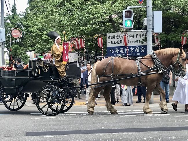 北海道神宮例祭「札幌まつり」<br />明治5年（1872年）に始まり、毎年6月に3日間に渡り開かれています。<br />最終日に行われる神輿渡御は、色とりどりの平安時代の衣装をまとった1,000人以上の市民が、北海道神宮の神様をのせた4基の神輿を中心に山車と一緒に市内を練り歩き、とても華やか。<br />道南10日間の旅の締めくくりに、例祭（奉納行事）と神輿渡御を見学しました。<br /><br /><br />※転職することにしたので、仕事はちょっとお休み。なので、4～6月は旅行強化月間。有意義な時間を過ごします。<br />
