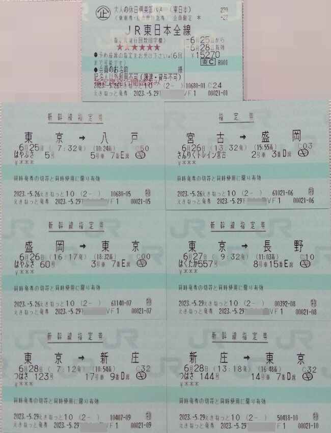 *1日目。東京7:32発はやぶさ5号  八戸10:24着。八戸10:42発 普通 鮫11:03着。鮫14:48発 普通 久慈16:09着。三陸鉄道 久慈16:14発　普通宮古17:45着。宮古17:51発払川18:07着。1日目終了。<br /><br />＊2日目。宮古13:32発快速さんりくトレイン宮古　盛岡15:55着。の予定が倒木に衝突したお陰で約30分遅れて盛岡着。盛岡で指定券を取り直す。次の新幹線は満席でその次に臨時が出るので盛岡17:16発はやぶさ36号 東京19:32着。2日目終了。<br /><br />＊3日目。東京9:32発はくたか557号上田10:51着。上田15:37あさま622号 東京17:12着。3日目終了。<br /><br />4日目。東京7:12発つばさ123号 新庄10:54着。新庄13:18発つばさ144号 東京16:48着。4日目全行程終了。<br /><br />JR15270円。<br />2755km乗車。<br />ニューデイズ10％引き413円。<br />4日間の歩行数70,790歩でした。