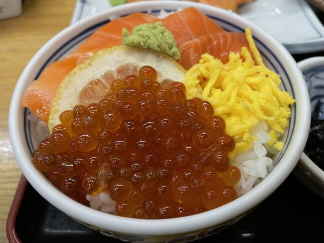 旅行記（１）では旅の準備、初日東京から函館に到着しホテルご紹介、旅行費用をまとめました。https://4travel.jp/travelogue/11825865　<br /><br />この旅行記（２）では初日のお食事をまとめてみます。 <br /><br />朝10:00に函館駅前にあるホテルに到着し、チェックイン前なので荷物を預かっていただき早速、いつも行く函館朝市のどんぶり横丁にある「馬子とやすべ」へ。<br />タイトルの写真は特別定食（ハラス）のどんぶりです。<br />夫は活きイカ（時価）。この時期はまだ小さかったですが新鮮でとても美味しかったです。　 <br /><br />続いてベイエリアにある「海鮮市場本店」へ。<br />ここもいつもお寿司やタラバ蟹を買うお店なのでまずは内容チェック♪<br /><br />昼食は豚丼のお店「ポルコ」に行くと決めていました。<br />夫は王道の「十勝たれ」、私は「函館しお」<br />どちらもジューシーな豚肉と絡まってとても美味しかったです。<br /><br />13時になってホテル1階のロビーへ。<br />マラソン大会の前でなければ他に出歩きましたが、今回はあまり体力を消耗したくなかったのでＰＣの写真整理などを行い、15時少し前にチェックイン。お部屋の様子は（１）に載せています。<br /><br />しばらくお部屋でゆっくりしてから、夕食は函館駅横のハコビバにある「タイガーカレー」へ。ここもリピートすると決めていたお店です。<br />夫は骨なしチキン野菜カレー。チキンが土鍋の大部分を占める凄いボリューム！私は豚の角煮カレーで角煮が柔らかくて凄く美味しかったです！<br /><br />今回の最大の目的は函館マラソン！！<br />大好きな函館には何度も来て観光していますので、今回はスープカリー巡り＆ラッキーピエロ全店制覇の続きを目的にしてみました。<br />さて滞在中にお店はいくつ行けるでしょうか？<br /><br />初日、朝から晩まで好きな物ばかり食べて充実した一日になりました。<br />それでは（２）も、ご一緒におつきあいください（＾＾）<br /><br />※コメントを追加しました（7月7日）