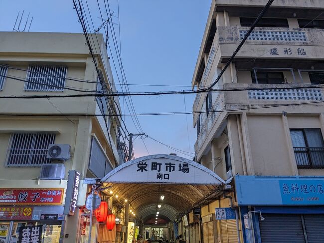 那覇に一泊旅行。<br />空港に向かう前に浜松町でランチ。<br />以前も訪れた「やまかわ」へ。<br /><br />魚の美味しい店。<br />刺身定食はぶり大根の小鉢も付いて充実。<br />美味しい刺身と煮物を食べながらご飯とビール。<br /><br />モノレールで羽田空港、そして那覇空港へ。<br />夕方到着したのでそのままホテルにチェックイン。<br />県庁前と美栄橋の中間にある「アパホテル」<br /><br />荷物を置いてから飲みに出る。<br />ゆっくり安里まで歩いて「新小屋」へ。<br />串焼きの人気店。<br /><br />混み合う店内でカウンター席に座ってビールを飲みながら料理を頂く。<br />オリジナルメニューもたくさんあるので前菜的に水なすとすもののサラダ。<br /><br />さっぱりしてこれは美味しい！<br />メインは豚の炙り焼。<br />炭火で炙った豚肉。<br /><br />生姜の千切りが供されているのもすっきりして美味しい。<br />１時間ほど飲んで店を出る。<br /><br />近くの栄町市場へ。<br />せんべろで飲める店が立ち並ぶレトロなアーケード街。<br />ここは楽しい。<br /><br />その中から「大ちゃん」を選択。<br />ここは串カツ４本かおでん４品を選ぶ。<br /><br />そしてドリンク３杯。<br />これで１０００円。<br />ドリンクは生ビール２杯。<br /><br />そして泡盛。<br />泡盛は久米仙の水割り。<br />これで１０００円とは申し訳ないくらい。<br /><br />楽しく一人飲みを楽しんでホテルに戻ろう。