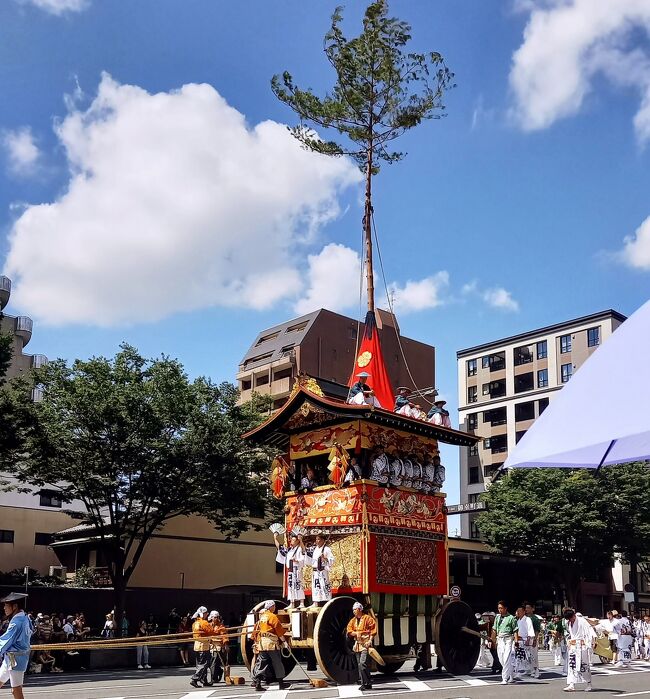 京都へ行き祇園祭の山鉾巡行を観てきました。<br />前祭後祭と合同の祇園祭り山鉾巡行を行っていたものが14年からは、山鉾巡行が前祭と後祭に分かれたのだそうです。<br />過去に祇園祭へ行った事が有るのですが、祇園祭は7月17日だと思い込んでいました。<br />先日のテレビ中継では17日が前祭で24日が後祭だと報じていました。<br />24日なら青春18きっぷが使える時期となる。<br />それで、祇園祭の後祭を観てきました。<br />そして、その後は八坂神社に向って京都の街をブラブラ歩きました。<br /><br /><br />京の街をブラブラ歩く。<br />アフリカンカラープリントの店。杖の専門店も目にしました。<br />鳩居堂や額縁の店。<br />このような店を見かけたのは初めてです。新鮮に感じました。<br />お昼を食べた生そば常盤の隣はお寺でした。寺と言っても境内は無く街中の商店のような場所でした。<br />京都のユニクロにも入りました。私の街にもユニクロが有りますが、どことなくハイセンスに感じられました。<br />たい焼きやソフトクリーム。美味しかったです。<br />京都の街歩きが楽しめました。<br />京都の街を歩いていて外国人が増えているなと感じました。(以前の京都の外国人数は知らないのですが････)<br />面白かったです。