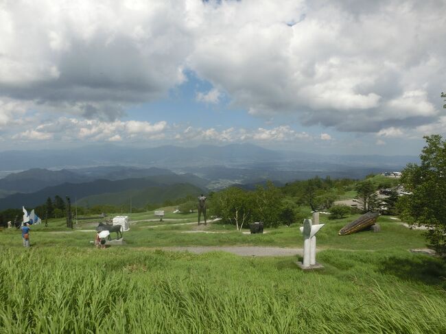 7月の3連休。嫁はんは、乗鞍に行く予定が諸事情によりキャンセル。どこかに出かけたいが、予報によると東京は37度の猛暑。最近、体調不良で山に行けていない友人も暇とのこと。標高の高い涼しい場所で、その友人の体調でもOKと思われる登り下りの少ない場所で思い当たるのが美ヶ原。私は夏の美ヶ原に行ったことが無い(真冬にスノーシューで一度のみ)ので、是非行きたい。何度も美ヶ原に行っているが美ヶ原高原美術館にはまだ行けていなかった嫁はんの提案を採用し、その友人も誘い美ヶ原高原美術館にてブラ散歩です。<br />ビーナスラインの大展望台で昼食、360度ビューの素晴らしい眺め。残念ながら八ヶ岳は、雲に隠れてしまっていたけれど、楽しい昼食となりました。<br />そして、美ヶ原高原美術館へ。4万坪の屋外展示場に350点余の現代彫刻が展示されており、周囲を取り巻く大絶景。北アルプスや南アルプス、八ヶ岳などは残念ながら雲の中でしたが、究極の借景庭園という感じ。めちゃくちゃ楽しいブラ散歩でした。<br />初の真夏の美ヶ原を堪能するとともに、次の機会には是非、牛伏山・王ヶ頭・王ヶ鼻などを歩いてみたいと思いました。