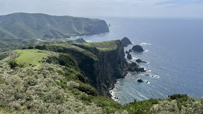 松江に前泊し、いよいよ西ノ島へ出発。松江駅前を7:55の連絡バスで七類港に向かいました。<br />到着後はレンタカーを借りて摩天崖展望台に行き雄大な眺めを楽しみました。遊歩道も途中まで歩きましたが、駐車場に戻るのに相当な上り坂を歩くのでクタクタになりました。その後通天橋展望台まで車で移動して、自然が開けた岩のトンネルを見ました。これも結構坂がありました。イカ寄せ浜には無数のクラゲが寄せていました。汗をかいて皮膚呼吸が苦しくなったので、外浜海水浴で今年初の海水浴をしました。海はとても綺麗で水温も気持ち良く一気に疲れが飛びました。<br />　宿泊は国賀荘。浦郷の高台にあり、島前の湾が眺められる絶景の宿でした。<br />　翌日は国賀観光船で海から断崖を見ました。波の状態によっては国賀海岸まで行けない船長おまかせコースになりますが、この日は通常運航で、洞窟にも入ったりしました。<br />　島で観光ボランティアをしているという「おっちゃん」が2回声をかけてくれ、車で目的地まで送ってくれ、そのついでに何ヶ所か観光案内してくださいました。いろいろな話が聞けて、とても興味が深まりました。ほんとうにありがとうございました。