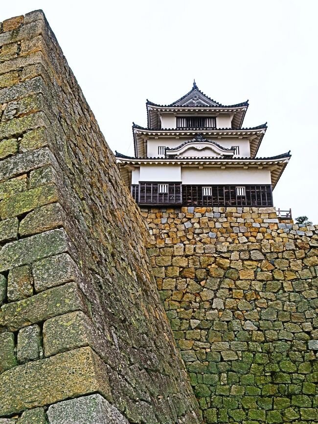 丸亀城（まるがめじょう）は、讃岐国、現在の香川県丸亀市にある日本の城である。別名、亀山城（かめやまじょう）。<br /><br />丸亀市街地の南部に位置する亀山（標高66メートル）を利用し、縄張りはほぼ四角形で亀山の廻りを堀（内堀）で囲む、渦郭式の平山城である。<br />石垣は、緩やかであるが荒々しい野面積みと端整な算木積みの土台から、頂は垂直になるよう独特の反りを持たせる「扇の勾配」と呼ばれる。山麓から山頂まで4重に重ねられ、合わせると60メートルになり、総高としては日本一高く三の丸石垣だけで一番高い部分は22メートルある。<br /><br />頂部の本丸には江戸時代に建てられた御三階櫓が現存する。この建物は唐破風や千鳥破風を施して漆喰が塗られ高さは15メートルあり、現存天守の中で最も小規模である。<br />城跡の全域は国の史跡に指定されており亀山公園となっている。天守のほかに大手一の門・大手二の門・藩主玄関先御門・番所・御籠部屋・長屋が現存しており、そのうち天守・大手一の門・大手二の門は重要文化財に指定されている。木型模型（1/650）の現存例は丸亀城のものしかなく非常に珍しい。これは平成4年に丸亀市の指定有形文化財になっている。大手門と天守が両方とも現存しているのはこの丸亀城と、弘前城と高知城のみである。<br /><br />慶長2年（1597年） - 豊臣政権の時代、生駒親正が讃岐17万石を与えられ高松城を本城とし、亀山に支城を築く。<br />慶長7年（1602年） - 6年の歳月を要し、ほぼ現在の城郭が完成。<br />延宝元年（1673年） - 32年の歳月を要し大改修が完了。現存する石垣の大半はこの改修の際に完成したものである。<br />昭和25年（1950年） - 天守の解体修理が行われた。この記念行事として第1回の丸亀お城まつりが開催された。また、文化財保護法施行により天守は重要文化財となる。<br />昭和32年（1957年） - 大手一の門・大手二の門が重要文化財に指定される。<br />昭和47年（1972年） - 丸亀城や京極氏に関わる史料を展示する丸亀市立資料館が開館。<br />現在地住所：香川県丸亀市一番丁4番地乙<br />（フリー百科事典『ウィキペディア（Wikipedia）』より引用）　<br /><br />丸亀城　については・・<br />https://www.city.marugame.lg.jp/site/castle/<br />