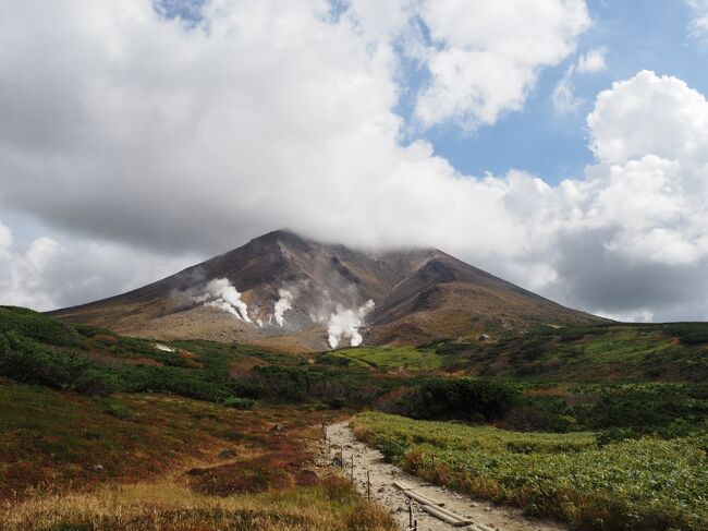 今年は北海道イヤーで5月、6月に続いてこの９月に3度目の北海道へ行ってきました。一年前から義理の三姉妹で妹が運転して行こうと話していたのですが、いつの間にか男性陣が2人付いてくることに。男性がいるとガーデンへ行けるのか？主人方の親戚との初めて旅行でしたが、大好きな北海道へ難なく行けました。3泊のホテルは私が手配、１泊目は「旭岳ベアモンテホテル」、２泊目は「フラノ寶亭留（ホテル）」、３泊目は６月にも宿泊した「洞爺湖鶴雅リゾート洸の謌」。3家族住んでいる場所がバラバラで最初は新千歳空港に集合でしたが、1泊目が旭岳なので旭川空港への集合に変更しました。羽田出発組が旭川に１３時着の飛行機。福岡からは直行便がなくて、当日東京で乗り継ぎ１３時頃旭川に着くには早朝便に乗る必要があります。早朝は苦手なので旭川に前泊？もしくは、札幌に前泊して翌日旭川へ行くか？迷ったのですが、札幌に前泊して翌日旭川へ向かいました。そして札幌に決めたのでようやく初めて、なんとakepi48さんにもお会いすることができました☆･ﾟ:*<br /><br />〇　 9月24日（日）　　福岡　　11時50分発　　新千歳　14時10分着<br />　　　　　　　　　　 札幌市　散策　　　　札幌ワシントンホテルプラザ<br /><br />〇　 9月25日 (月)　　 旭川へ特急カムイで移動。旭川空港で親戚と合流<br />　　　　　　　　　　　上野ファーム　　　　旭岳ベアモンテホテル<br /><br />●　 9月26日（火）　　旭岳　美瑛 新栄の丘　ニングルテラス　<br />　　　　　　　　　　　 風のガーデン　　富良野 フラノ寶亭留（ホテル）<br /><br />〇　 9月27日（水） ケンとメリーの木　セブンスターの木<br />　　　　　　　　　　　ぜるぶの丘　色彩の丘　青い池<br />　　　　　　　　　　　　　　　　　　　　　洞爺湖鶴雅リゾート洸の謌<br /><br />〇　9月27日 （水） ホテルから新千歳空港へ　　<br />　　　　　　　　　　　新千歳　　14時40分発　　福岡空港　17時10分着<br />　　　