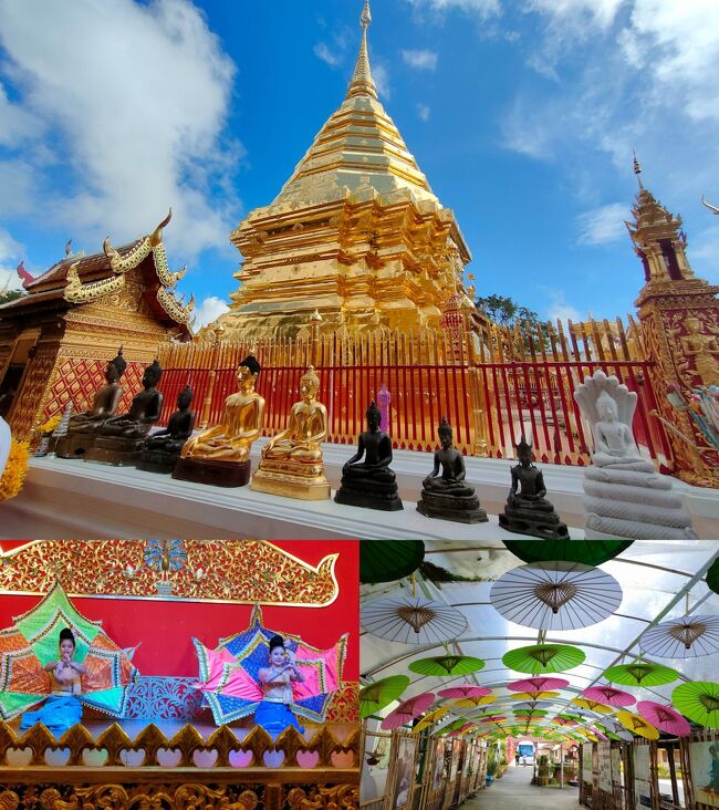 ・今年の海外は釜山以来２回目です。タイは５年ぶり♪<br /><br />・以前からチェンライのブルー寺院とホワイト寺院に行きたいと思っていました。チェンライに行かれたフォロワーの旅行記も参考になりました。<br /><br />・今年から関空～チェンマイへの直行便が運航され６時間弱で到着！<br />日本からの直行便は関空からのタイベトジェットだけです！<br /><br />・チェンマイからチェンライには180ｋｍで車で３時間程かかり個別にドライバーの検討もしましたが目的の寺院が行けるツアーに参加。<br /><br />・チェンマイのホテルはランクアップをお願いしました！！<br /><br />・関空に6：30集合で前泊しました。<br /><br />〈本日の予定〉<br />天空の寺院（ドイステープ寺院）→ワットプラシン→ピラミッド寺院<br />→ボーサン・サンカーペン散策→ナイトバザール→ディナーショー<br />