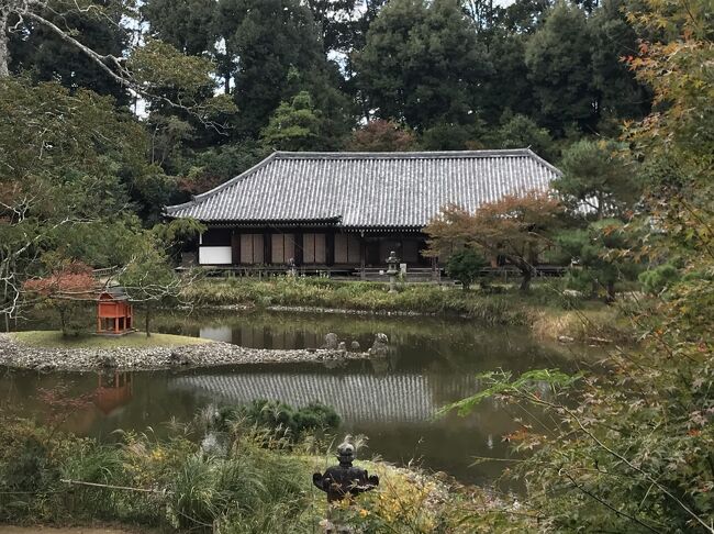 曇り空ながらも雨は降らない予報で、気温も秋の散策にちょうど良かったこの日、散策コースに選んだのが、京都府と奈良県境にある木津川市当尾地区にある「浄瑠璃寺」と「岩船寺」とその間にある石仏が点在する石仏の道。<br /><br />木津川市には、国宝や重文のある社寺が結構あり、ちょうどこの日訪問予定の「浄瑠璃寺」、「岩船寺」とも、秘仏等の秋の特別公開時期で観光客が多いのではと思って行ったが、さすが山間の隠れ里のような場所に建つ両寺、里に近い「浄瑠璃寺」は国宝だけでも３点あるだけではなく、池を中央にして東に薬師如来を祀る三重塔、西には阿弥陀如来九体を祀る本堂がある伽藍配置の良さもあってか、「岩船寺」よりも少しは観光客も多かったものの、京都や奈良市内の主要観光地はもちろんのこと、その間にある宇治の世界遺産や国宝、重文などが集中する宇治橋近辺地区と比べても、比較にならないほど静かで、ゆったりと国宝等の鑑賞や、散策を楽しむことができた。<br /><br /><br />また、いつも通りの 奈良 大和路の散策用ガイドブック を持って行ったが、今回の散策コースでは、このガイドブックを頼りに歩くと道が分からなくなるのは必定と思っていた。<br />しかし、幸いなことに、最初に訪問した「浄瑠璃寺」参道にある土産物屋の店頭に各種パンフレットが置かれており、その中の「石仏マップ」と散策道の道案内を頼りに散策を楽しむことができた。<br /><br />