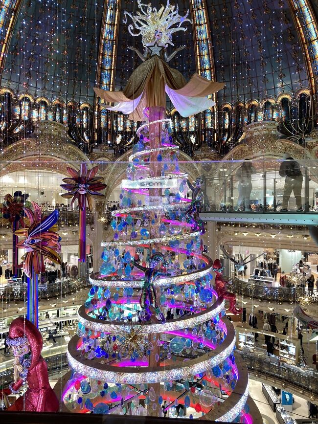 前回フランスに来たのは、ストラスブールへ。やはりちょうどクリスマスの時だった・・５年ぶりのフランス。<br /><br />今回も、コロナも落ち着き、クリスマスも控え輝くイルミネーションの中で美しいパリを楽しめました。<br /><br />でも、スウェーデンから来たから、あれこれ比べてしまう・・。パリの中心地は人が多くてごちゃごちゃ、特にアフリカ系移民の人たち、そして観光客。歩きたばこをしてる女性が多くて人ごみの中でぶつかったらイヤだわ。週末のオペラ座あたりは車の大渋滞で、クラクションは鳴るわ、人にも当たりそうになる。また、今年オリンピックを控えてるからか道路なんかあちこち工事してるし、美術館やデパートなど警備がとっても厳しい。<br /><br />でも、まっいいとこ悪いとこ、久々来たフランスの今の様子、目に出来て良かった～。<br /><br />これは、ギャラリーラファイエットのアトリウム、いつも美しいけど、クリスマスを前に今、キラキラ煌めいててため息な美しさでした。<br /><br />