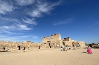 HIS　エジプト絶景縦断８日間の旅の記録<br /><br />ヌビア遺跡群のひとつであるフィラエ神殿（イシス神殿）は、新王国の神殿の造りを、外観からも建物全体が良くわかるところです。神々や王の姿のレリーフが施された神殿正面の大き第一塔門、聖なる場所と俗世界の境界とされた中庭、第一塔門より小ぶりな第二塔門、その先列柱室の奥に神々が安置されている至聖所となっています。フィラエ島からのナイル川の眺めも見所のひとつ、晴れた午前中の見学は最高でした。<br /><br />また、コムオンボ神殿はアスワンとエドフの中間位置した神殿。コムオンボ神殿の見学は夕方からライトアップされた状態での見学でしたが、むしろ壁画や柱の彫刻の陰影がきわだってすばらしかったです。神殿はホルス神とワニにの神であるソベク神のために建てられた、他にはない神殿。ワニのソベク神の壁画のモチーフが多いのと、遺跡敷地内に「ワニの博物館」があるのも特徴です。大きなナイルメーターも見逃せない。<br /><br />ーーーーースケジュールーーーーー<br />5日目<br />　　　クルーズ船<br />　　　　　↓　　渡し船<br />フィラエ島イシス神殿<br />　　　　　↓　　バス<br />　　アスワンハイダム<br />　　　　　↓　　バス<br />　　クルーズ船に戻る<br />　　　　　↓<br />　　コム・オンボ神殿<br />　　　　　↓<br />　　　クルーズ船<br /><br /><br /><br />