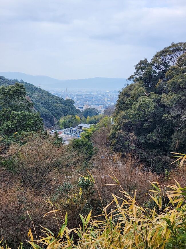 一時帰国中、お墓参りにはいかな。と、東京から福岡への移動を新幹線にして、京都で途中下車。<br /><br />今年も京都駅からはタクシーで、帰りは歩いて歌の中山から清水寺を通り抜け、東山を散策しながら四条京阪まで降りていきます。<br /><br />四条通まで歩いて出ると約1時間。途中絶景も楽しめて良い散歩道です。<br /><br />絶景その１。清閑寺から山越に京都市内の眺め<br />絶景その２　言わずとしれた清水寺からの京都市内の眺め<br />　<br />この日は曇天。<br />晴天だった一年前2022年末に撮った写真も載せています。
