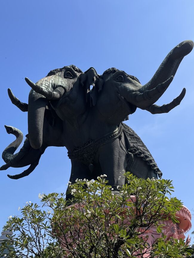 成人の日の連休を利用して6年ぶりとなるバンコクに行ってきました。新年なので色々な神様に今年の健康と開運を願ってきましょう。<br /><br />次はBTS一本で行ける郊外にあるエラワン博物館を訪ねてみます。<br />この巨大な３つの頭を持つ象はヒンドゥー教の神様の乗り物のエラワンで、BTS車内や高速道路など遠くからも見える像がとてもインパクトがあります。<br /><br />表紙　エラワン博物館のエラワン像