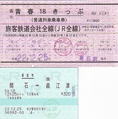平成22年（2010）北陸本線筒石駅では珍しい赤地紋「青春18きっぷ」を発売していたのでわざわざ買いに行きました。<br />現在の「青春18きっぷ」はマルス端末で発行する磁気券ですが、当時は紙の「青春18きっぷ」で鉄道マニアの間では貴重なきっぷでした。<br /><br />青春18きっぷは国鉄時代の昭和57年（1982）「青春18のびのびきっぷ」として発売。<br />翌昭和58年から「青春18きっぷ」と改称し、現在に至ります。<br />普通列車にしか乗れませんが、日本全国の在来線に格安で利用できるので、私たちの旅行にはもってこいのきっぷです。<br /><br />我が家のコレクションを調べると昭和58年（1983）「青春18きっぷ」がありました。<br />それ以降、現在までの変遷を紹介していきます。<br /><br />なお、旅行記は下記資料を参考にしました。<br />・ウィキペディア「青春18きっぷ」「国鉄419系・715系電車」「筒石駅」「マルスシステム」<br />