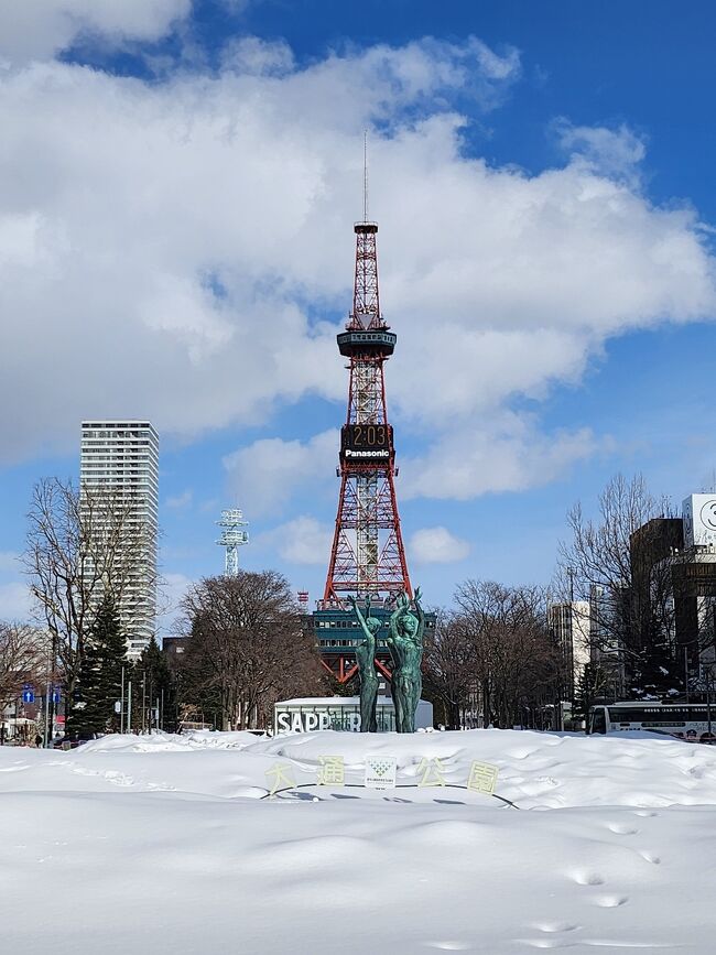 JALのタイムセールのチケットをゲットして、今年初の札幌へ。<br />ホテルは、楽天トラベルでポイント宿泊。<br />ソラリア西鉄ホテル<br />以前にも宿泊したことのあるお気に入りのホテルです。トイレ、バス別。洗い場付きのお風呂があるホテルです。大浴場もあります。<br />まだ、築浅なのでお部屋はとっても綺麗です。掃除も丁寧で、埃なし。<br />今は、工事中ですが、目の前に『北海道庁赤れんが庁舎』があります。なので、景色も良いです。<br />駅からもわりと近いのでオススメのホテルです。<br /><br />3月の札幌、まだ、雪がちらついたり、雪が残っていて歩き辛い場所も所々にありました。<br />そして寒い((T_T))だいたい0℃前後。<br /><br />札幌は、地下道が整っているし、お店は暖房がガンガン効いて暑いくらいなので、ダウンコートは邪魔だと思い、ウールのコートにしました。中に暖かいニットなど着れば大丈夫でした。<br /><br />今回の旅も観光全くないです。<br />ただ、食べるだけ、お土産買うだけの旅です。<br />とにかく新千歳空港の冬限定『スノーボール』『スノーサンド』が、買いたかったのです。<br />ネットでも買えるのですが、毎日すぐに完売してしまうので、全然買えないのです。しびれを切らしたので、新千歳空港に行くことにしました。