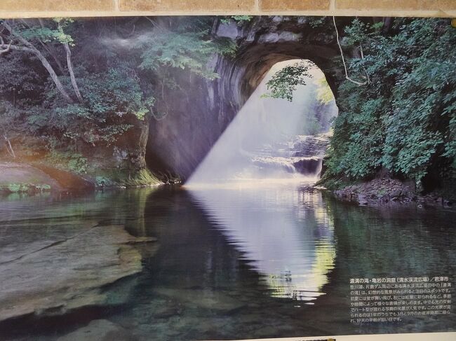 今まで国内のいろんな所に行ってきましたが、千葉県や茨城県には行ったことがなかったのでこの時期、春の花が楽しめる房総半島巡りのツアーに参加してきました。<br />今回のツアーは、クラブツーリズム主催の『足下ゆったりシートバス利用！ぽかぽか春の花咲く房総半島ぐるっと10景3日間』<br />行程は、<br />3月4日（月）新大阪から新幹線で新横浜に行き、そこからバスで①水戸偕楽園の梅を観賞した後、潮来で宿泊。<br />3月5日（火）②犬吠埼、③いすみ鉄道乗車後、清水渓流広場の神秘な④濃溝の滝、⑤亀岩の洞窟を観光した後館山で宿泊。<br />3月6日（水）⑦野島崎、⑧千倉の花畑、⑨富浦の菜の花畑、⑩原岡海岸の海に伸びる桟橋を観光した後、新横浜に移動して新幹線で新大阪着<br />2泊3日の慌ただしい旅行でしたが、ゆったりバスでの移動だったので比較的楽でした。<br />ただ残念だったのが、天気が余り良くなく晴天は初日のみだったのと、暖冬の影響で偕楽園の梅や菜の花の開花が例年より2週間くらい早くなっていて、早咲きのものはほとんど散っていました。<br />それでも春の訪れを感じるツアーでした。<br />それと最近頻発する地震も観光中に起きなかったので良かったです。<br />今回は旅行2日目の観光を紹介します。<br />この日は天気予報どおり雨時々曇り。<br />あいにくの天気でしたが、思ったより雨の量も少なく観光できました。<br />ただ楽しみだった清水渓流広場の観光が晴れでなかったのが残念です。<br />表紙の写真は、天気が良く朝日が差し込んだ時の濃溝の滝のポスターです。<br />このように朝日が差し込んでハート型に見えるのは3月と9月のお彼岸の時期だけだそうです。