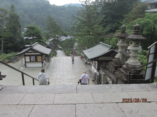 今は的に季節的に紫陽花が満開になっているが、元々のこの寺の花は牡丹だが、今はもう既に咲き終わっている。平安貴族の頃より「花の御寺」として、長谷詣でが盛んに行われていたが、牡丹の時期に来られたら、さぞかし豪華絢爛だっただろう。<br /><br />１０分～１５分激しく降った雨も通り雨で、雷雲が過ぎたあとは又晴れて来た。五重塔はここから直ぐ先にあるが、少し高台に建っていて、今の自分の足ではそのちょっとした坂を登るのも大変で、そのまま道なりに下山した。途中、蓮の花が１輪だけ咲いていたが、この時期にしては珍しい。横道から再び登楼の参詣路に入り、最後の数十段を下り降りる。登楼の入り口近くには徳道上人の十三重の塔の石組みもあった。<br /><br />誰の句か達筆で読めなかったが、最初の「今日は月・・」までは読めたが、後は分からなかった。芭蕉は「奥の細道」の２年前、生家の伊賀上野からこの寺にやってきて、句も詠んではいるが、その句碑がどこにあるかは分からない。西行が出家前に最後に妻と会ったのがこの寺と言わているが、その故事を謳枕にしたのか、「笈の小文」の中には一句載っていた。<br /><br />山門を出たすぐに不動堂がり、不動明王にもお参りし、寺を後にする。振り返って眺めても立派な山門だ。山門前の門前商店街の和菓子店に寄る。奈良らしい柿の葉寿司とか今の季節に合ってウグイス色の草餅など店の前の番台に出されていて、その幾つかを見繕って小箱に入れてもらい孫への宅配を送る。ここで宅配して置けば、荷物で持ち帰ることもない。去年の秋には粉河寺の前の食堂兼土産店で、季節のミカンと地元の味噌などをミックスして宅配した。何かこの頃、旅に出ると孫への宅配が習慣になってきた。<br /><br />商店街には２－３店食堂もあったが、お腹も空いてなく、そのままぶらぶら商店通りの緩やかさな坂を下って、番外札所、徳道上人を祀る法起院にやってきた。ここは商店通りの中程の場所にあり、平坦地になっていて、自分の足でも難なく行ける所にあった。休みがてらにお参りしよう。