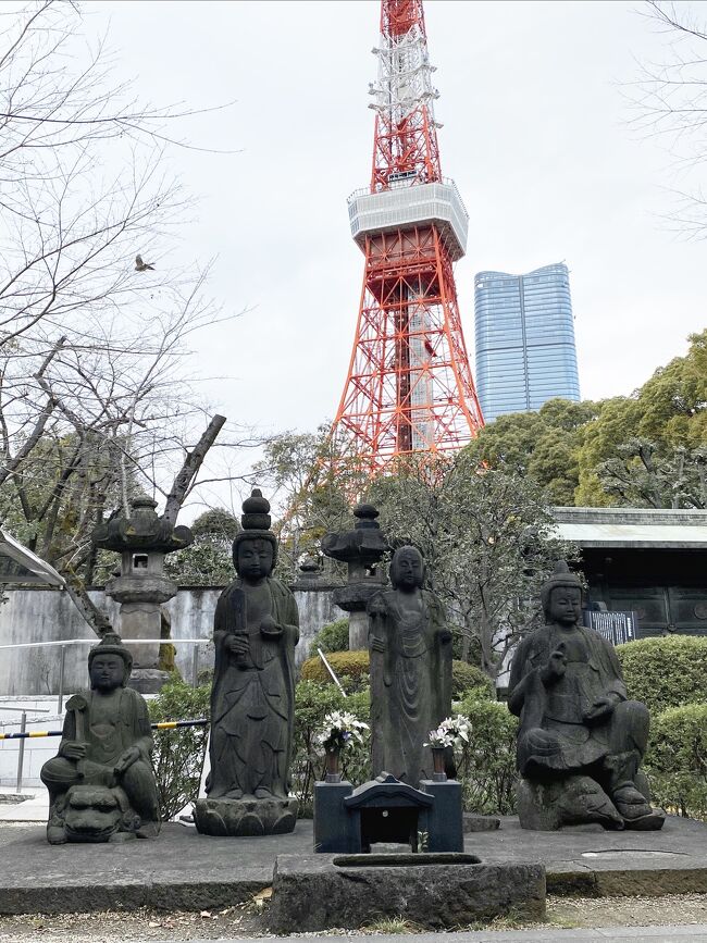 ラオス旅終わって　日本に一時帰国。<br />毎日30度超えのラオスと打って変わって　東京は寒かった・・・。<br />そんな中、新宿で用事をすませたあとは、東京ぶらぶら散歩。<br /><br />今回は、JR浜松町で降りて　増上寺、東京タワー周辺を歩きます。<br /><br />私のお目当ては増上寺でも東京タワーでもなく・・・<br />多分観光では誰もいかないお寺2つ。<br />あなたの知らない東京　芝公園編です。<br /><br />三すくみの動物を探すのが楽しい　宝珠院<br />洞窟探検ができる　松蓮社<br /><br />このお寺　東京街歩きチャンネル　というyoutubeで知りました。<br />東京の路地や階段、暗渠などを歩くという実に私好みのチャンネルで、とても楽しく見ていたのですが、このところアップされていなくて残念です。<br />