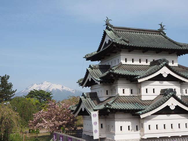 ５月５日、弘前公園さくら祭の最終日、弘前駅前のホテルから徒歩で弘前公園へ、ソメイヨシノは葉桜になっていましたが、八重桜が満開でした。ホテルでの朝食後、弘前駅に息子の彼女を迎えに行き、レンタカーを借りて弘前城東門近くの洒落たカフェでアップルパイを頂き、次に岩木山神社を参拝。　ところどころに咲く山桜を観ながら峠を越えて日本海側に出て深浦の道の駅でイカ焼きをいただき、不老ふ死温泉に到着。日の入りの時刻に合わせて波打ち際の露天風呂に浸かりました。<br />