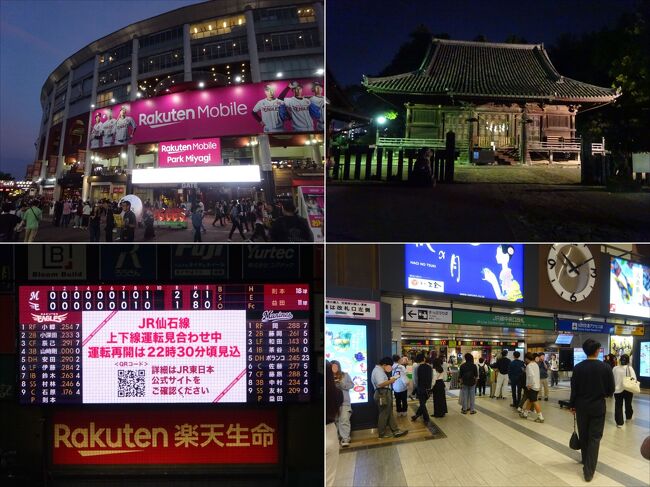 今年の野球観戦の締めとして仙台に出かけることにしました。<br />今回は日帰り弾丸ではなく仙台に1泊の行程で、1日目は岩出山や女川など、宮城県の北の方に出かけていました。<br /><br />ここから仙石東北ラインに乗って仙台へ。もともとのきっかけであるナイターを観戦。<br />ナイター観戦後は、今までならできなかった夜の薬師堂などを見学しながら宿に戻りました。<br /><br />私が野球場の最寄り駅に着いたあたりから、観戦している間、仙石線がずっと止まっていたようです。試合終了後に知りました。そこで、ちょっと混乱している駅の様子などを見に行ったりしていました(嫌なヤツ)。