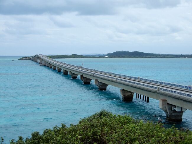 ほぼ恒例となってきた年2回の友達夫婦との国内旅行。<br />秋はどこへ行こうか・・・色々相談していたところ、沖縄へは数回行ったことがあり、本島や八重山列島へは行っているけれど、お互いに宮古列島へは行ってないことが判明し、秋の旅行は宮古列島に決定。<br /> 11月下旬ならもう台風の影響もないだろうし、まだ暖かそうだし・・ということで日程を決めましたが、今年は11月になっても台風が発生したりして、天候が心配でした。台風の影響は受けなかったものの、天気予報では滞在中の4日間にはずっと傘マークが・・・<br /> 宮古ブルー(海の色)は見られないのかなあ・・2日目はオープントップバスで島を巡る予定だけど雨が降ったらどうなるのかなあ・・・等々。 <br /> 色々不安を抱えながらの出発になりました。<br /><br /> さて、その一番心配だった2日目。<br />天気予報は曇り/雨・・・<br />オープントップバスじゃなくて、普通の観光バスに変更かな・・と思っていましたが、オープントップバスがやってきました。<br />出発時には曇り空・・・なんとか天気がもってくれますように・・・と祈りながらバスに乗り込みます。<br />バスの座席には使い捨て(?)のレインコートが用意されていました。<br />まずは、断崖の上から東シナ海を眺められる絶景スポットに向かって出発です。