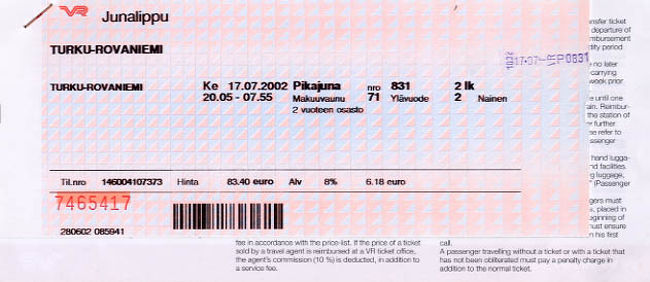 トゥルクからロヴァニエミまでの寝台列車のチケット。<br />ユヴァスキュラでヘルシンキからの列車と接続して<br />サンタクロースエクスプレスと呼ばれているものになります。
