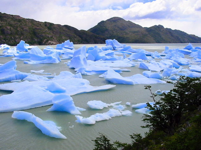 グレイ湖に浮かぶ崩落した氷河のかけらです、水色に輝くその神秘的ともいえる美しさに我を忘れ茫然と眺めていました