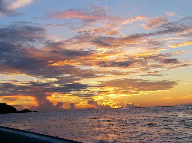 初のナイトダイビング☆少し早めに出て、海の上で夕日を見ました。幻想的で綺麗。海の中ではハコふぐが寝ていたり、たくさん可愛い魚が見れました♪