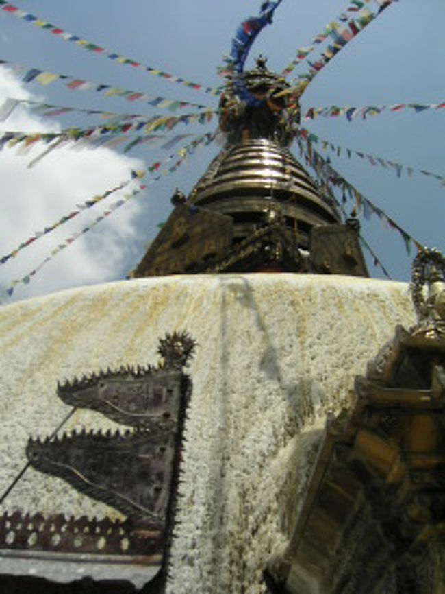 スワヤンブナートへ。<br />極度の方向音痴ゆえ、道に迷い遠回りしたけど到着。<br />別名「モンキーテンプル」といわれるくらい猿が多く凶暴で持ち物を奪うと聞いてはいたけど、ブッダアイの仏塔まで延々と階段が続くなんて聞いてなかった……。すごい勾配。心臓破り。<br />タメルから離れ、山頂では緑と風を感じて気持ちよかった。<br />