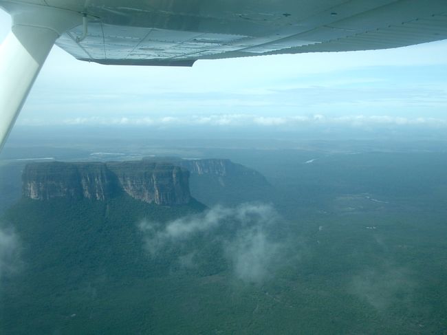 飛行機の窓からは「テプイ」と呼ばれるテーブルマウンテンと、ジャングルという、爽快な景色が広がります。