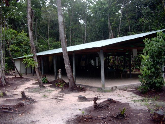 予定では昨日ここまでたどり着き、ここに泊まるはずでした。<br />（こんなとこ？思うでしょうが、トイレもシャワーもあって快適なんですよ。暑いから壁なんか無くていいんです。）<br /><br />そして、早朝にはトレッキングに出発し、滝の真下まで行く予定だったんですが、私達はここへの到着が大幅に遅れてしまったので、ここから滝を眺めて、カナイマに戻りました。<br /><br />昨日の予定外のキャンプが思いのほか楽しかったせいか、不思議と残念な気持ちは無く、十分に感動的な経験でした。<br /><br />