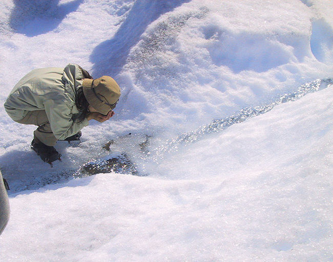 氷河の上を流れる小川<br />いつの時代に凍った雪どけ水でしょうか？