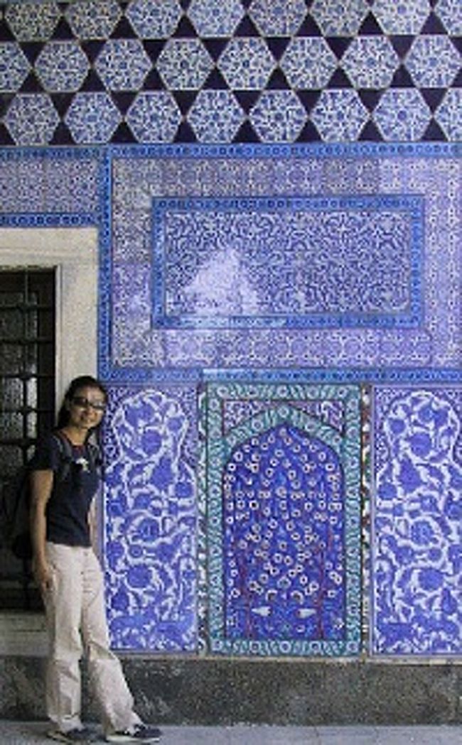 トプカプ宮殿のタイルの前。<br />（タイルを見るだけならリュステムパシャのほうが<br />断然きれい、無料だし）