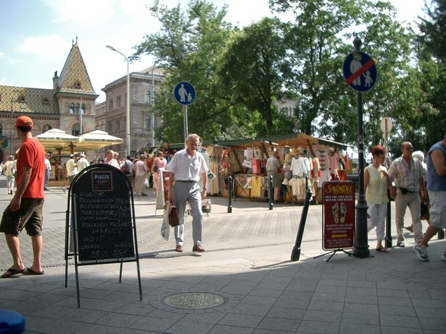 昼食後は自由行動。最初に向かったのは中央市場です。でも、私は少し休憩(^^ゞ。写真は休憩したカフェから広場の露店を撮りました。奥の黄色いとんがった屋根が中央市場です。ちなみに飲んだのはエスプレッソ285Ft。<br />