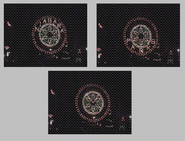 光の時計。　「NIAGARA　PARKS」の文字と時計の針が、順繰りに現れました。