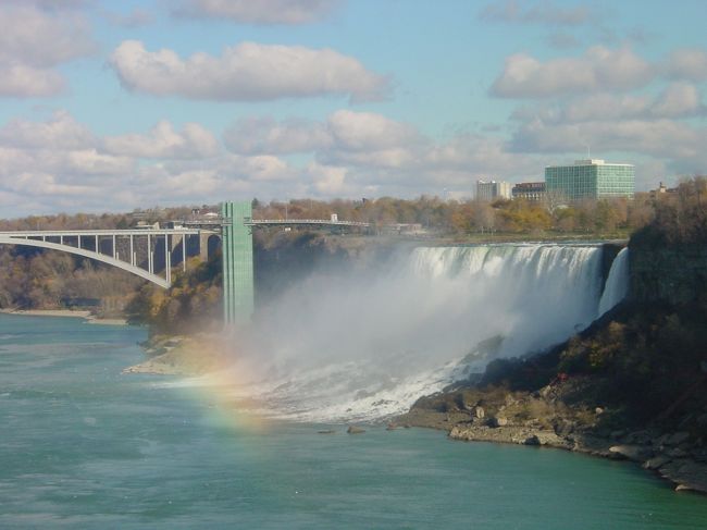 カナダ滝の左手にアメリカ滝が見えます。水煙により虹が大きく架かったり、ちいさく消えたりしてました。