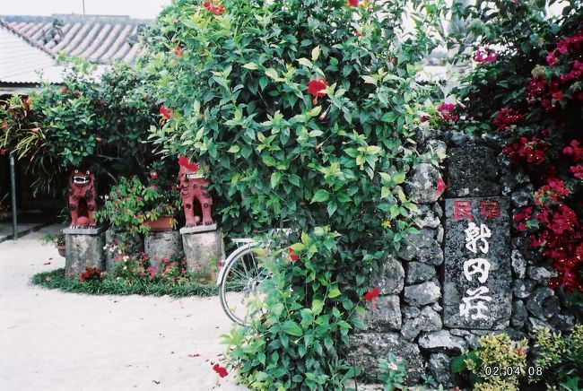 これは泊まった新田荘。赤い花が素敵。<br /><br />食事付きで５０００ぐらいだったかと。<br />でも最初の１日は夕食頼まなかったのに、<br />ゴーヤチャンプル余ってるからって、<br />くれた。ありがとう。<br /><br />おばちゃんは、神様にお祈りしてた。