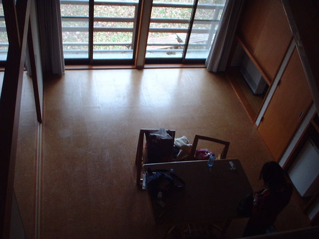 ２階から吹き抜けを通して１階のダイニングを見下ろす。<br />このテーブルで先ほど朝食を取った。