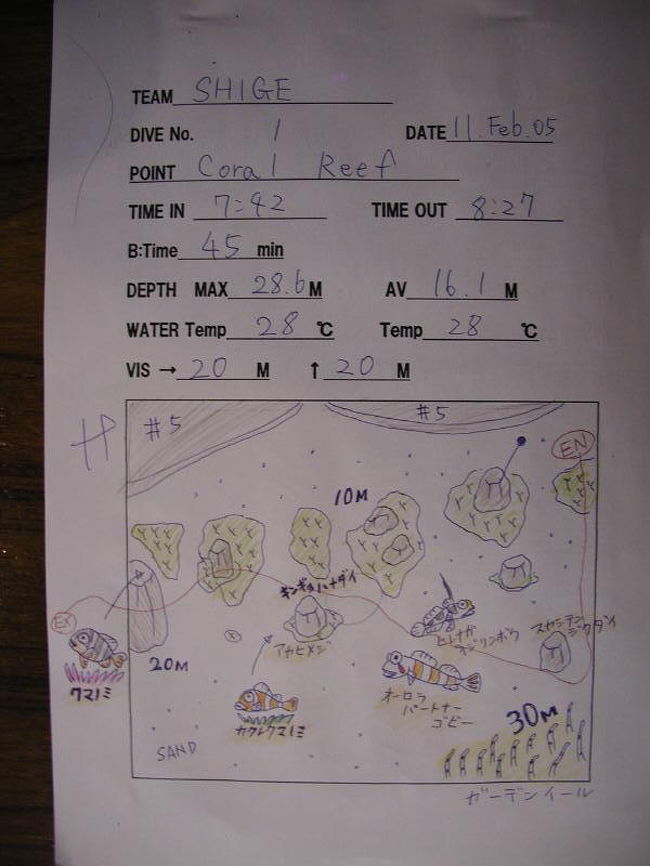 ダイビングの後に、毎回一枚一枚丁寧にガイドさんが作成してくれるログです。<br />ポイントの地図と通ったコース、いた魚がかかれているので、便利です。