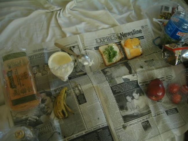 食料を買い込んでの朝食。<br />クリームチーズと香草、トマト、チップス、マサラピーナッツなどを挟み込んだスペシャルサンド。うまい。