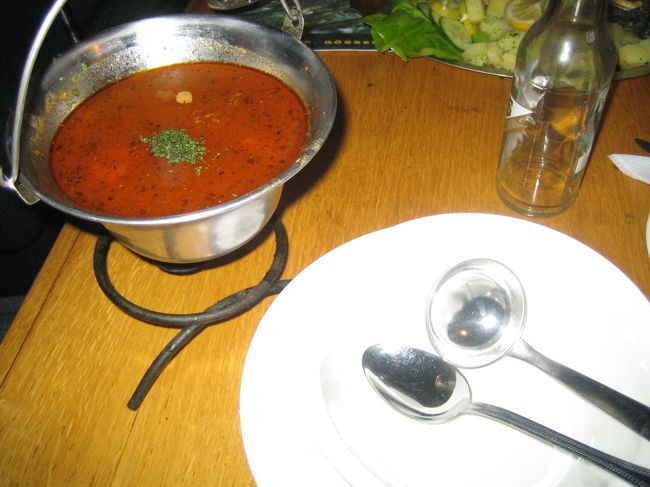 夕食はブダペスト市内のパブにて。<br />グヤーシュですよ、名物スープ。<br />やはり飲むというよりかは食べるというもの。<br />うまい！そして安い！最高！