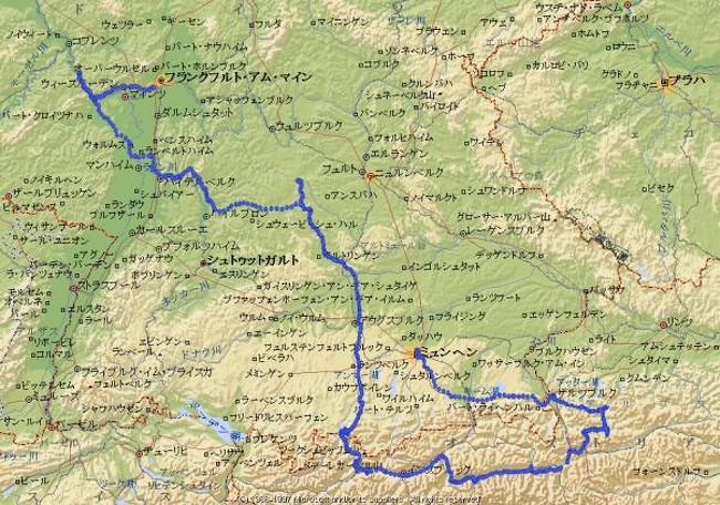 GPSレシーバのデータを地図上に書いたのがこの図。<br />2分で1点なので、間隔が広い所はアウトバーンを高速移動中。<br /><br /><br />海外ドライブに関する情報を以下にまとめましたので参照ください。<br /><br />http://homepage3.nifty.com/avignon/car.htm