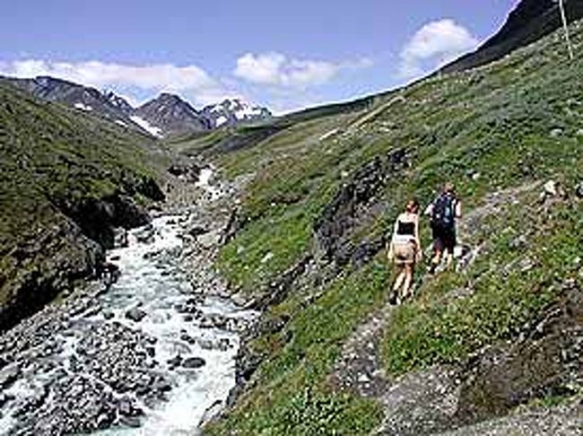 少し川幅も狭まり、遠くに雪を戴いた山も見えてきました。